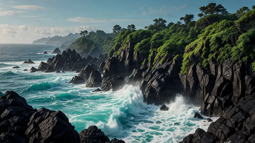 Marine de Vincendo, côte sauvage de La Réunion avec roches noires et vagues.